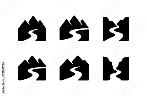 Minimalist mountain valley icons set for graphic design and nature themes