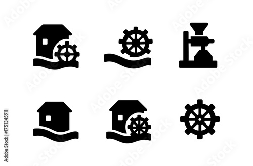 Riverside mill icons set featuring watermill and gear elements for minimalist design projects