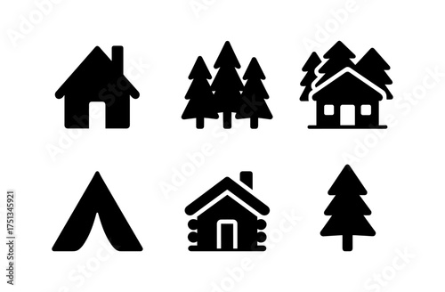Forest lodge and camping icons collection for nature-themed designs and outdoor graphic projects