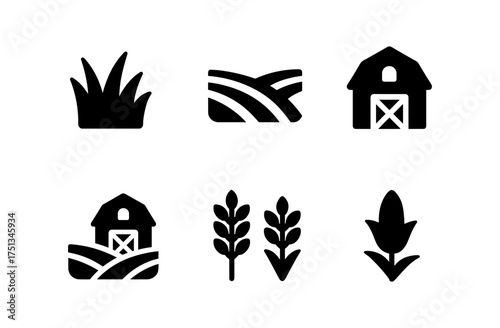 Meadow farm icon set featuring barn, wheat, and corn for nature and agriculture themes