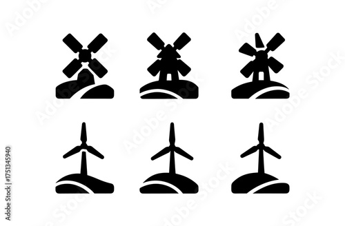 Windmill icon set featuring traditional and modern designs for renewable energy applications
