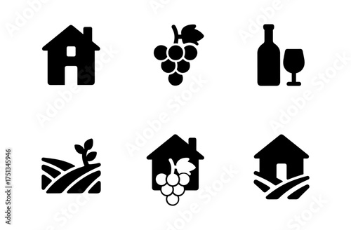 Vineyard icon set: grapes, wine, and vineyard elements for design and decoration