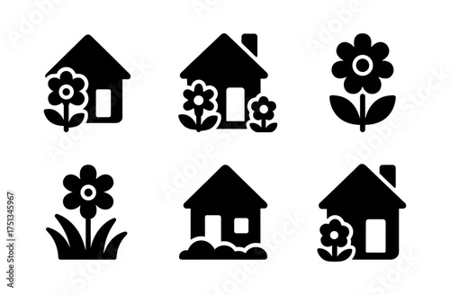 Charming cottage icon collection with simple floral accents for design projects and decor