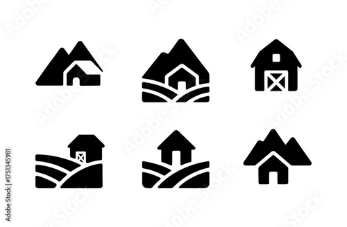 Minimalist mountain farmstead icons collection for design projects