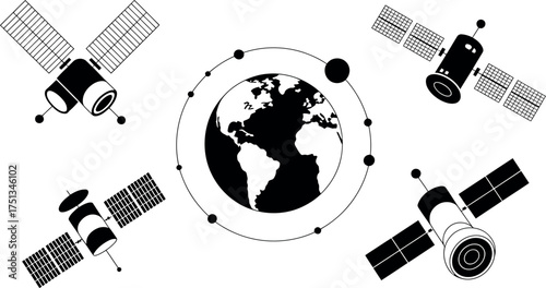 Illustration of satellites orbiting the earth isolated on white background