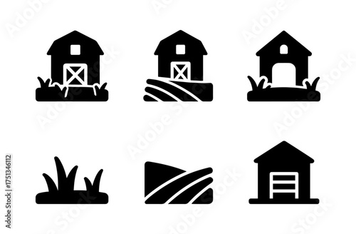 Rustic farm icons set featuring meadow barns and simple nature elements for design use