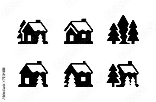 Snowy winter cabin icons collection for seasonal design projects