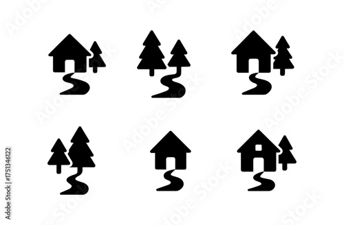 Forest cabin icon set for minimalist design projects