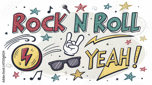Illustration with rock n roll text, hand gesture, sunglasses, stars, music notes and lightning bolt image