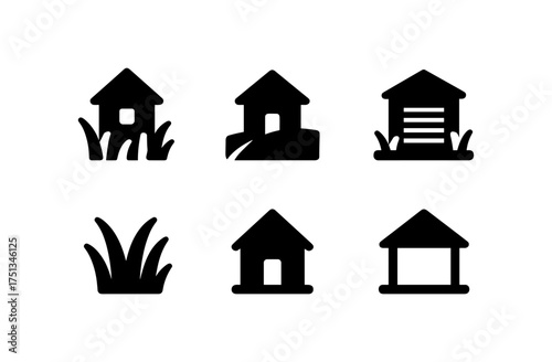 Minimalistic meadow cabin icon set for design and decor projects
