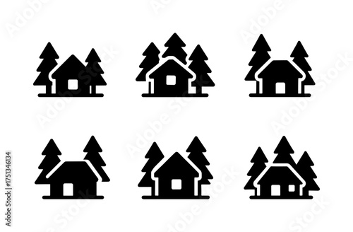 Minimalist pine forest icons with cabins for design projects and nature themes