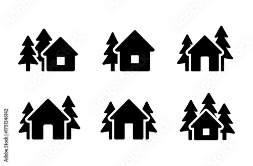 Minimalist pine forest and cabin icons design for nature-themed prints and crafts