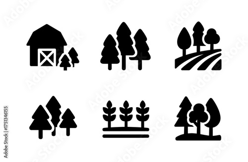 Simple forest and farm icon set featuring trees, barn, and fields for graphic design projects