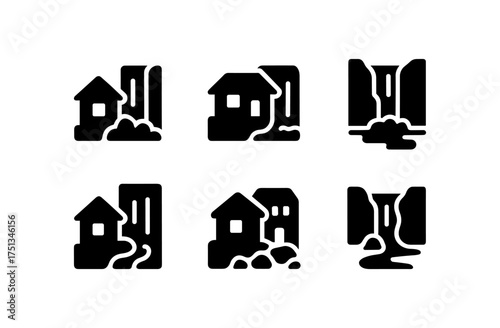 Minimalist cabin and waterfall icon set for nature-themed design projects
