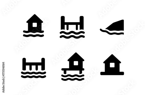 Simple lake house and dock icon set for design and decoration projects