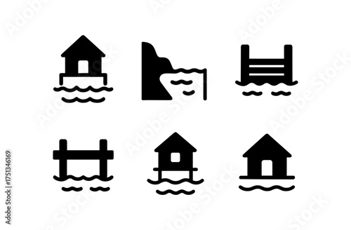 Minimalist lake house and dock icon set for design projects