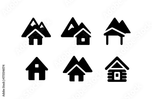 Alpine hut icon set for minimalist design projects and scenic themes