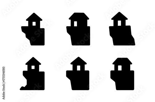 Cliffside house icon set for minimalist design projects