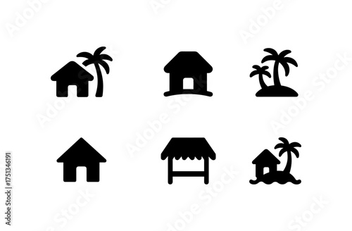Tropical hut icons set featuring simple design elements for print, card, and poster use