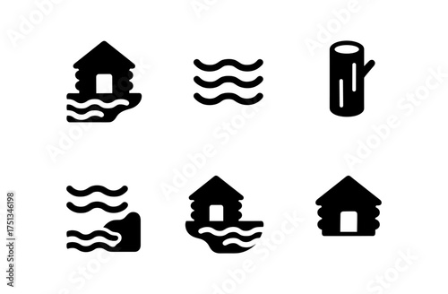 Riverside cabin and nature icons for outdoor camping design and decoration