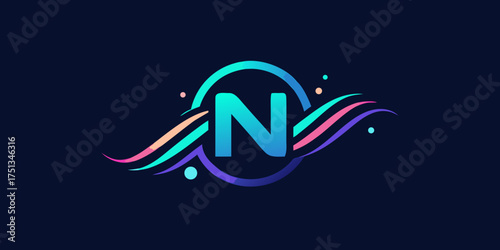 A vibrant and modern logo featuring the letter n, adorned with colorful waves and sparkling accents against a dark blue background, exuding creativity