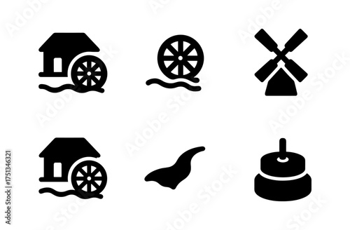 Wooden mill icons collection for design projects and decor themes
