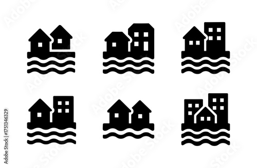 Riverside town icon set featuring simplified building silhouettes and wave motifs for graphic design