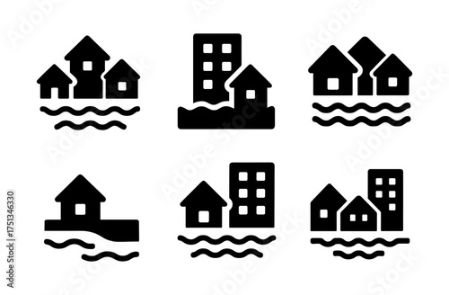 Riverside town icons collection for graphic design and urban planning projects