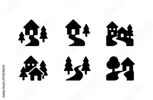 Simple forest village icons for design and decoration projects