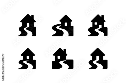 Minimalist cabin and river icons for nature-themed designs and projects