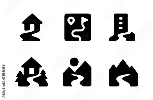 Minimalist cabin and trail icons for nature adventure design projects