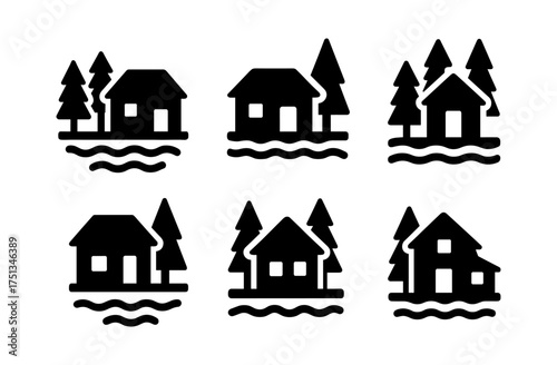 Rustic cabin icon set by pine lake with trees and water design for nature-themed projects