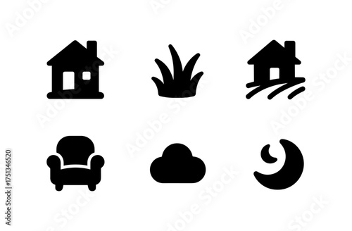 Cozy meadow icons collection featuring home, nature, and moon elements for design and composition