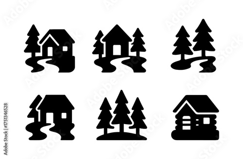 Forest hut icon set featuring simplistic cabin and pine tree silhouettes for graphic design projects