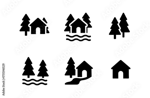 Forest hut icons collection for nature design and decoration projects