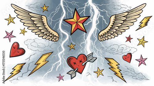 Illustration of hearts, stars, wings, and lightning bolts against a stormy sky background art