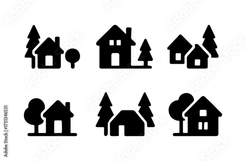 Village scenery icons collection featuring simple tree and house silhouettes for design projects