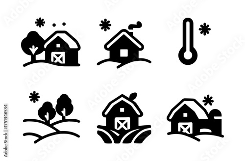 Winter farm icons collection: simple designs featuring barns, trees, and thermometer for seasonal graphics