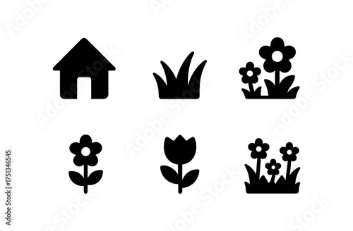 Simple spring icons featuring cottage and floral elements for graphic design