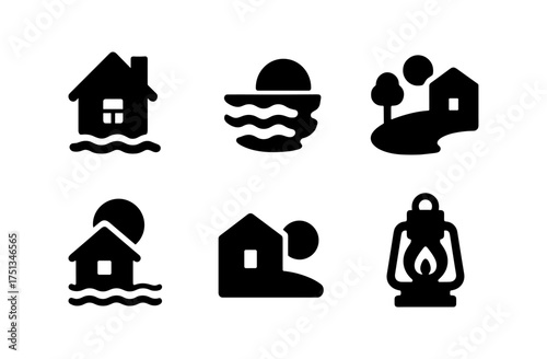 Riverside cabin icons set - minimalist nature and camping symbols for design