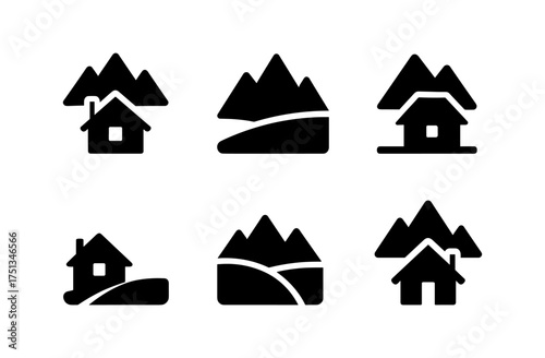 Minimalist alpine house and mountain icons set for design projects