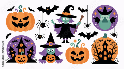 Halloween elements with pumpkin, witch, bat and spider isolated on white background