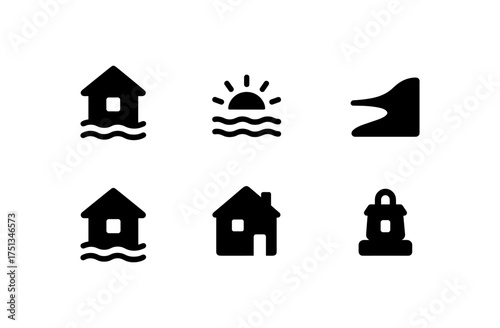Riverside cabin and nature icons for design projects and print