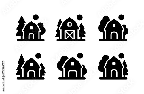 Minimalist forest barn icons collection for nature-themed designs