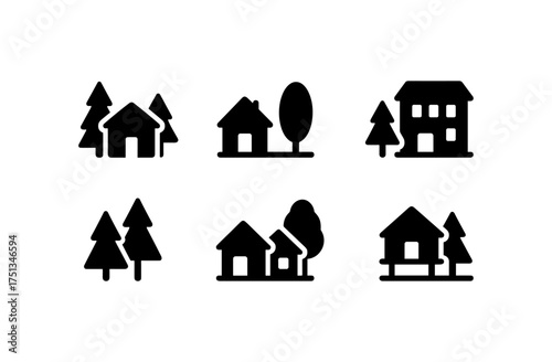 Minimalist forest settlement icons collection for nature and urban design projects