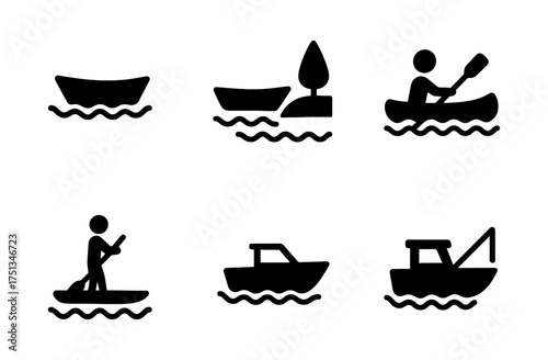 Lake boating adventure icons set for design and print projects