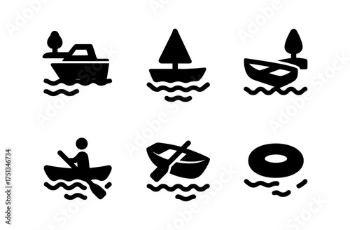 Minimalist lake boating icons for graphic design and print projects