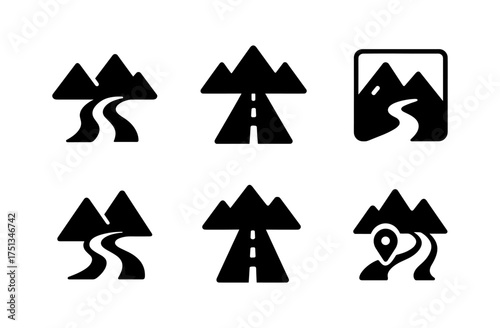 Mountain road icon set for travel and navigation design projects