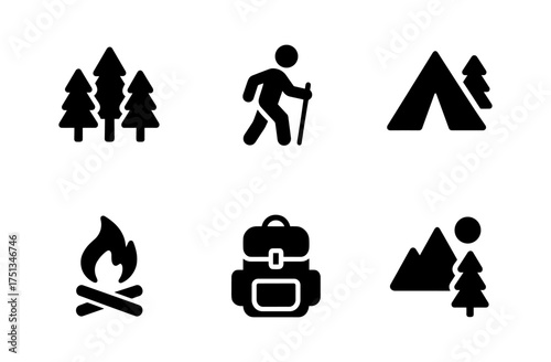 Forest adventure icons featuring camping, hiking, and nature elements for design projects