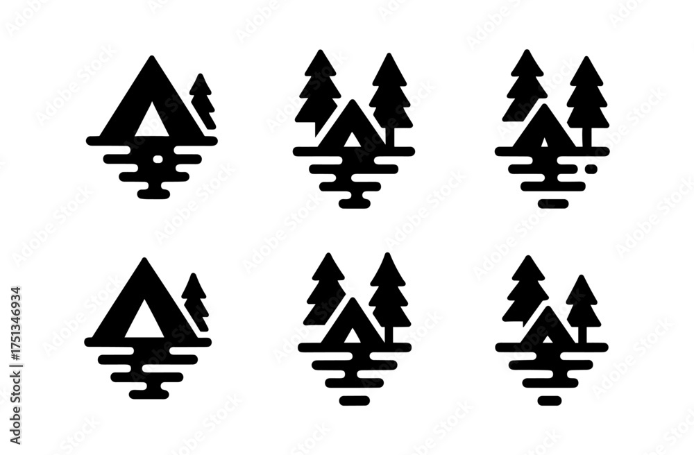 Fototapeta premium Minimalist camping icons set with tent and trees for outdoor adventure design